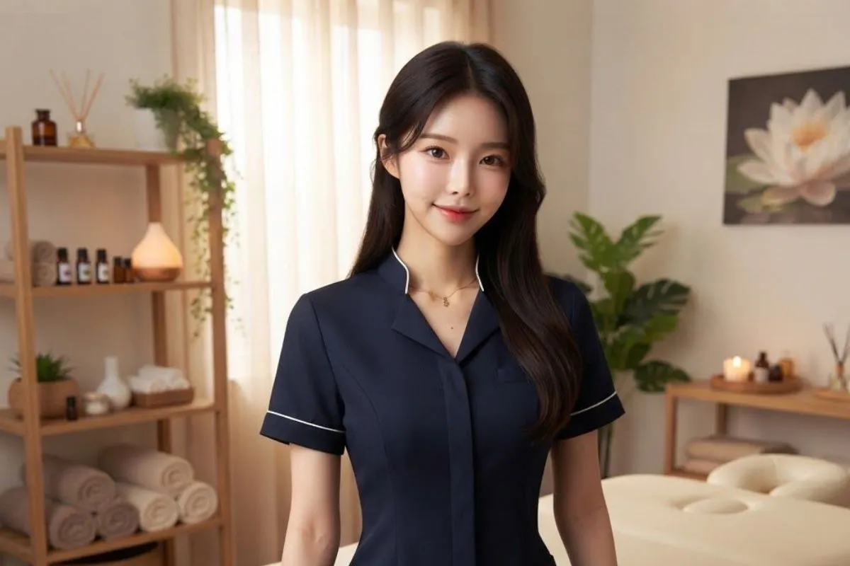 개포동출장마사지 관리사가 신축 아파트 거실에서 아로마 코스를 준비하는 모습